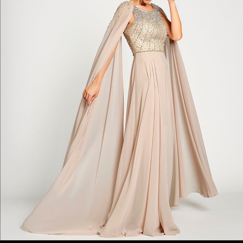 Terani Couture Beaded Bodice Cape A-Line Gown